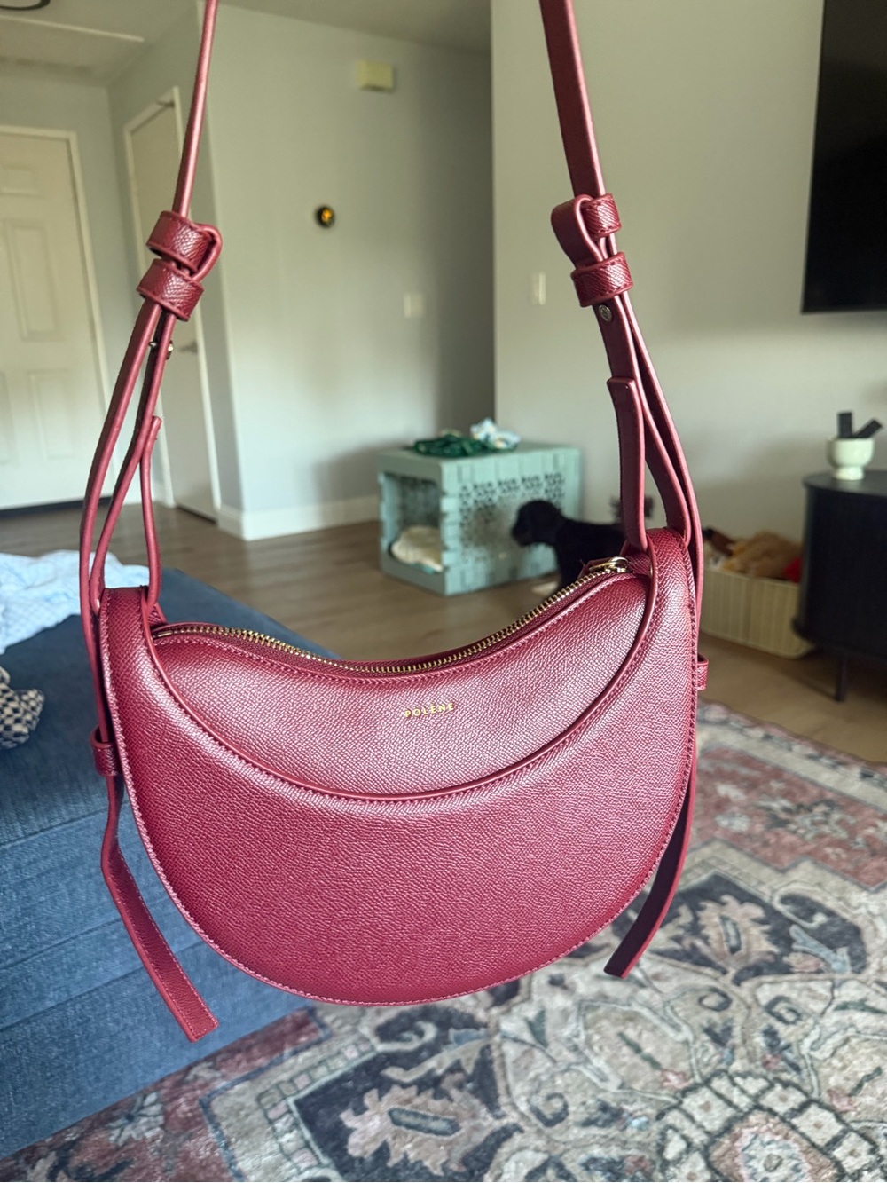 Polene Wine-Red Crescent Leather Crossbody Bag